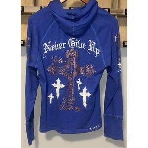 Cowgirl Tuff Women's Hoodie XXL Blue Cotton Knit 1/4 Snap Cross Graphic Western
